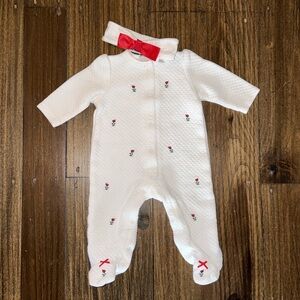 NEW Little Me Christmas sleeper + headband with roses embroidered